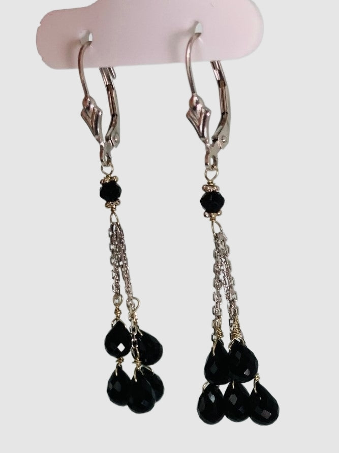 Onyx 5 Stone Tassel Earrings in 14KW - EAR-028-5DTSGM14W-OX