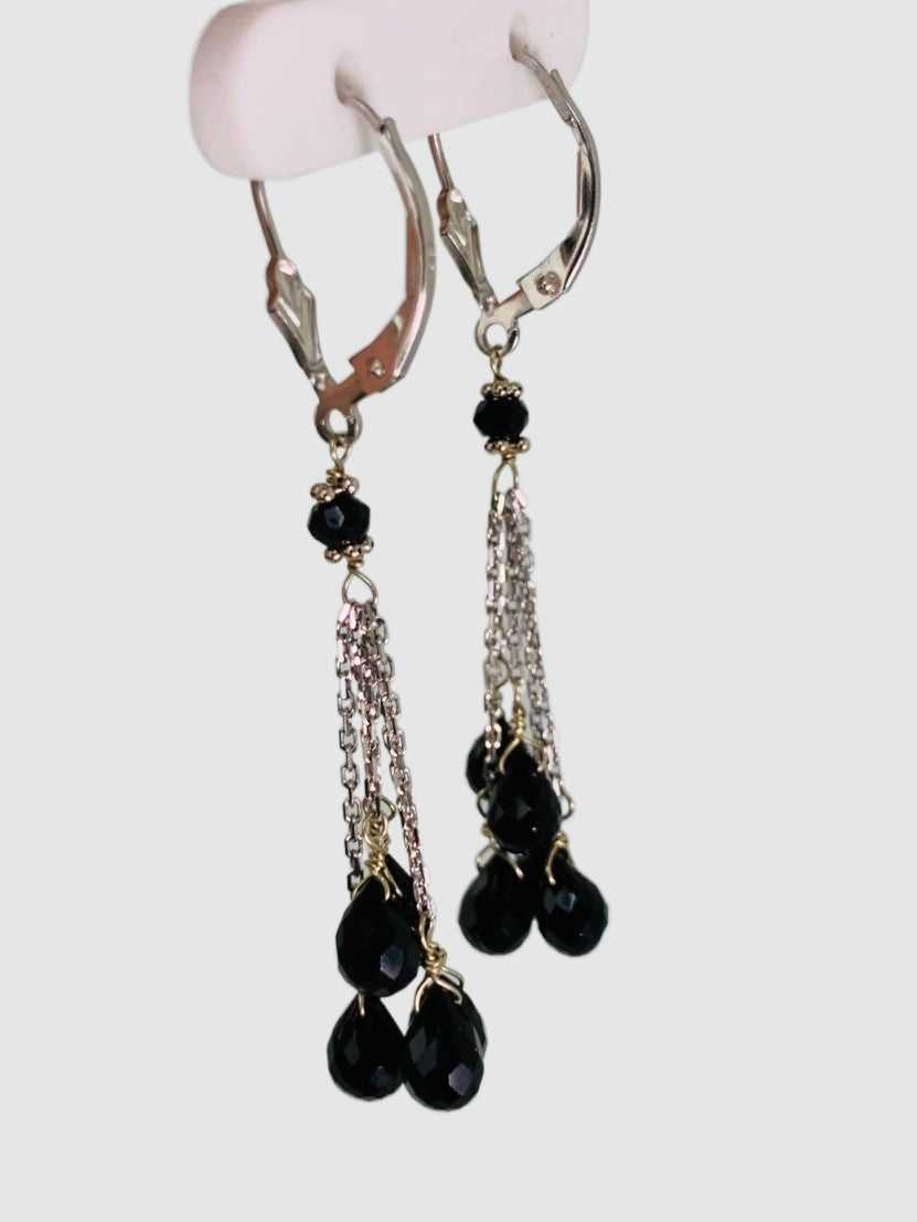 Onyx 5 Stone Tassel Earrings in 14KW - EAR-028-5DTSGM14W-OX