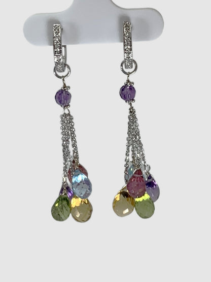 Diamond Hoop Top Multicolored Gemstone 5 stone Tassel Earrings in 14KW - EAR-029-5DTSGMDIA14W-LG-MLTI 0.10ctw