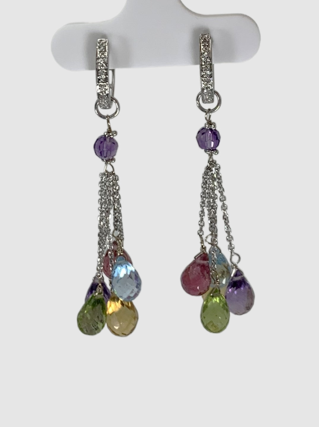 Diamond Hoop Top Multicolored Gemstone 5 stone Tassel Earrings in 14KW - EAR-029-5DTSGMDIA14W-LG-MLTI 0.10ctw