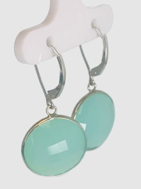 Chalcedony Round Bezel Earrings in 14KW - EAR-041-BZGM14W-CAL