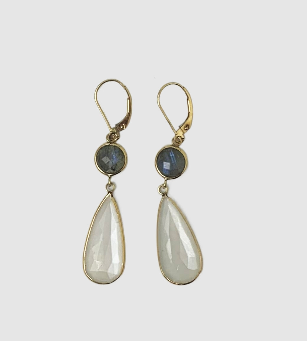 Moonstone and Labradorite Bezel Earrings in 14KY - EAR-002-BZGM14Y-MN