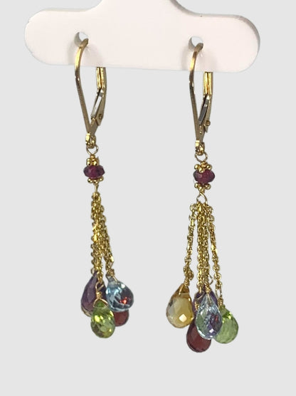 Multicolored Gemstone 5 stone Tassel Earrings in 14KY - EAR-028-5DTSGM14Y-MLTI
