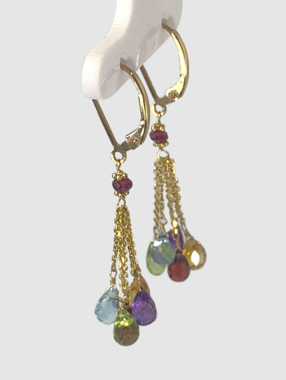 Multicolored Gemstone 5 stone Tassel Earrings in 14KY - EAR-028-5DTSGM14Y-MLTI