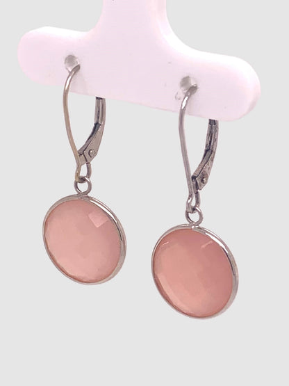 Rose Quartz Round Bezel Earring in 14KW - EAR-034-BZGM14W-RQ