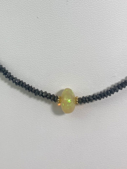 17" Black Diamond Necklace with Opal Center  in 14KY - NCK-062-CRDDIAGM14Y-BLKOP-17-05240
