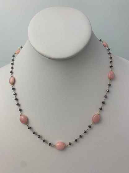 18" Pink Opal and Black Diamond 7 Station Rosary Necklace in 14KY - NCK-066-ROSDIAGM14Y-BLKPKO-18 7ctw