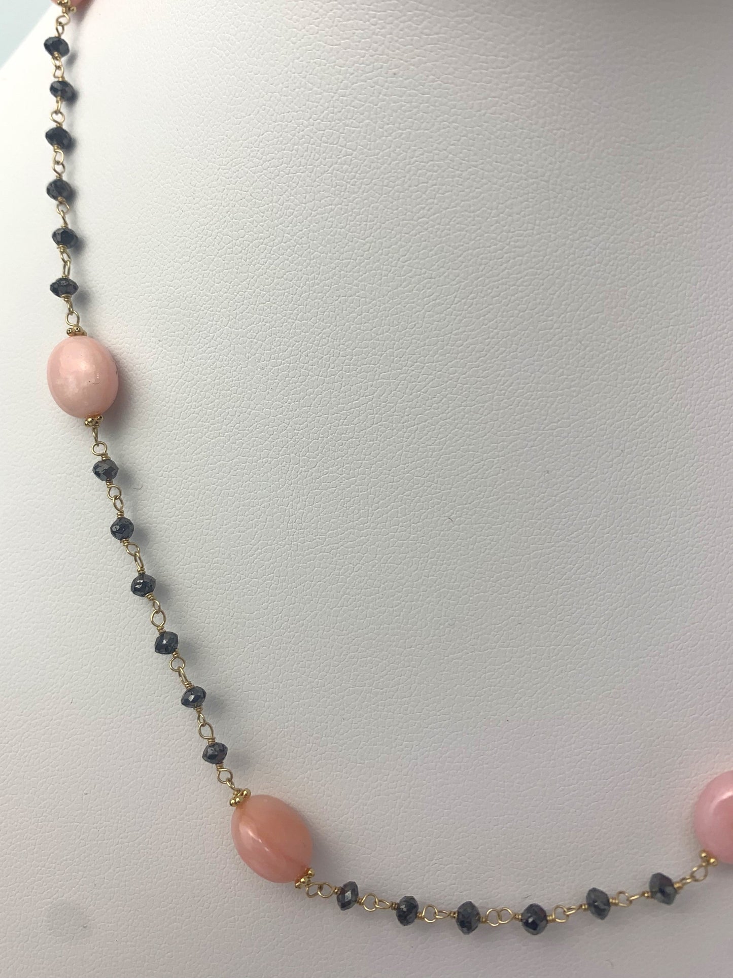 18" Pink Opal and Black Diamond 6 Station Rosary Necklace in 14KY - NCK-067-ROSDIAGM14Y-BLKPKO-18 8ctw