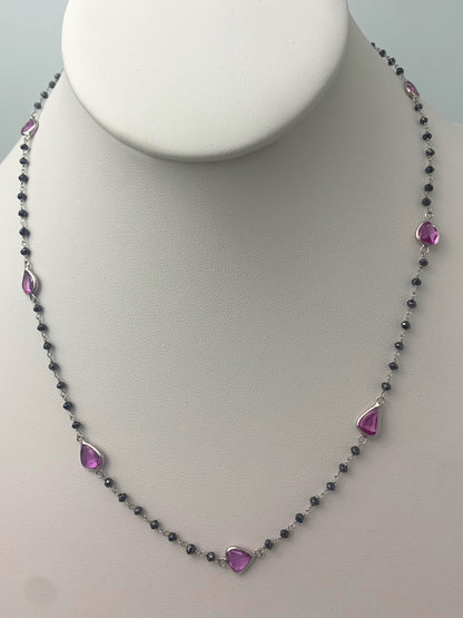 18" Pink Sapphire and Black Diamond Rosary Necklace in 14KW - NCK-074-ROSDIAGM14W-BLKPKS- 18