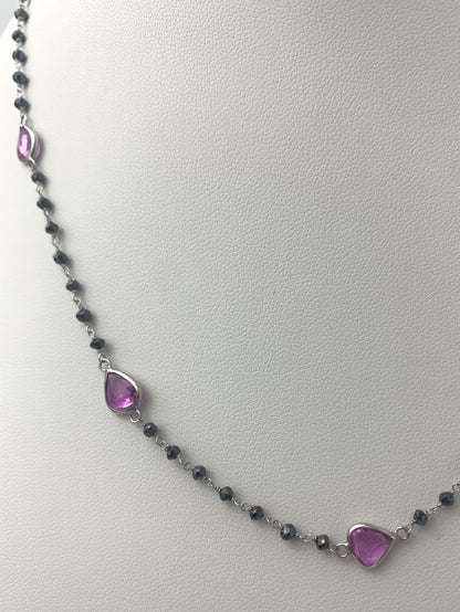 18" Pink Sapphire and Black Diamond Rosary Necklace in 14KW - NCK-074-ROSDIAGM14W-BLKPKS- 18