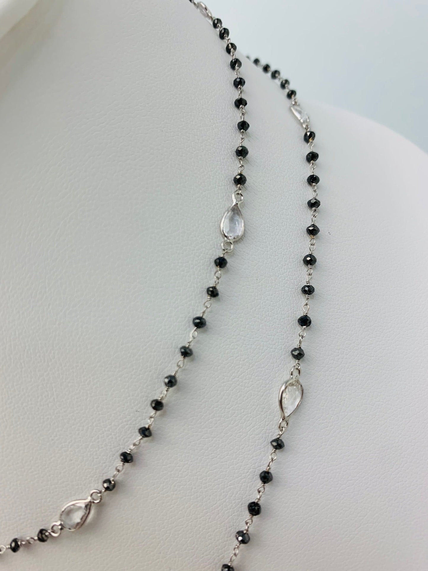 35" Black Diamond Rondelle Rosary Necklace with Pear White Sapphire Bezel  Set Rose-Cuts in 14KW - NCK-078-ROSDIAGM14W-BLKWS- 35 10.10ctw