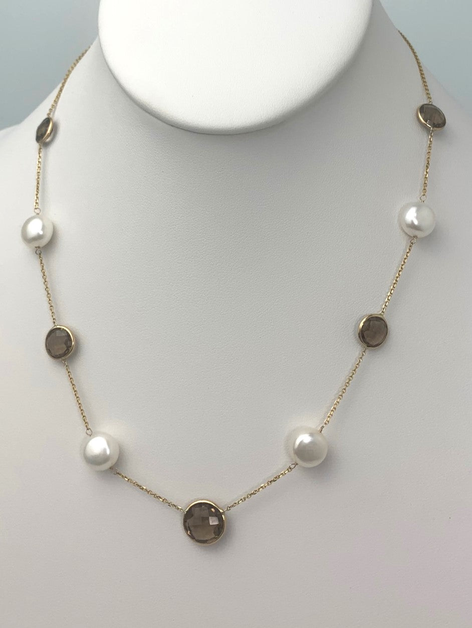17" Smokey Quartz and Coin Pearl Station Necklace in 14KY - NCK-102-TNCPRLGM14Y-WHSQ-17