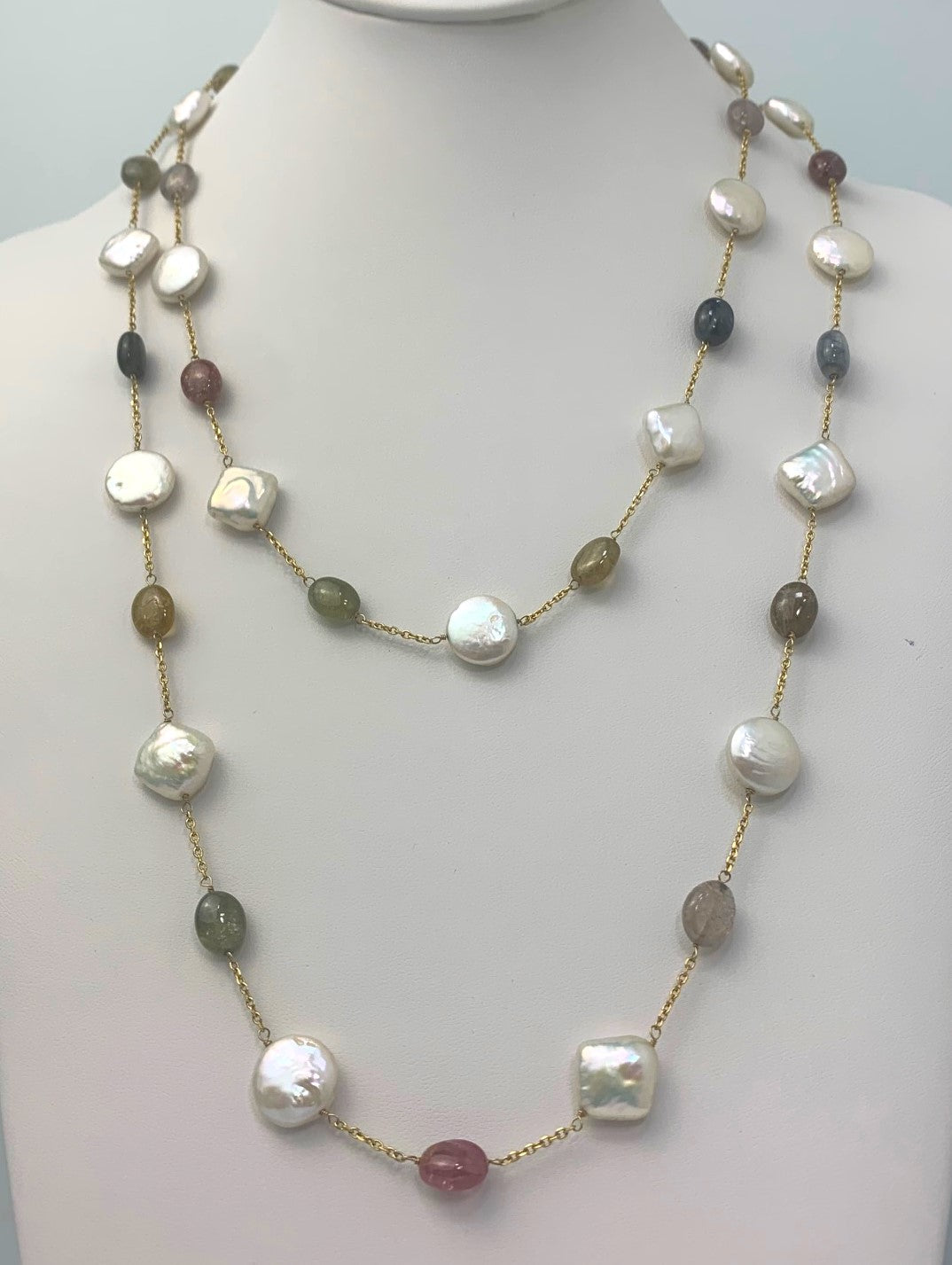 46" Sapphire and Coin Pearl Station Necklace in 14KY - NCK-104-TNCPRLGM14Y-WHSAP-46