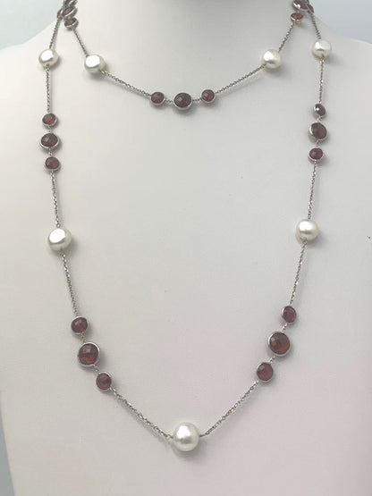42" Garnet and Coin Pearl Station Necklace in 14KW - NCK-106-TNCPRLGM14W-WHGNT-42
