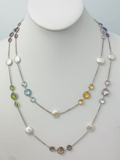 42" Multicolored Gem and Coin Pearl Station Necklace in 14KW - NCK-108-TNCPRLGM14W-WHMLTI-42