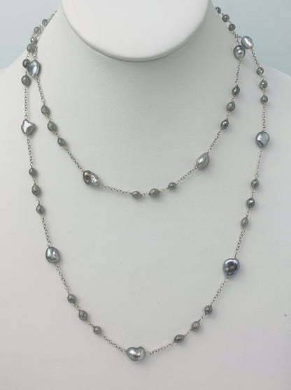 36" Grey Diamond and Keshi Pearl Station Necklace in 14KW - NCK-113-TNCPRLDIA14W-GRY-36-02828 25ctw