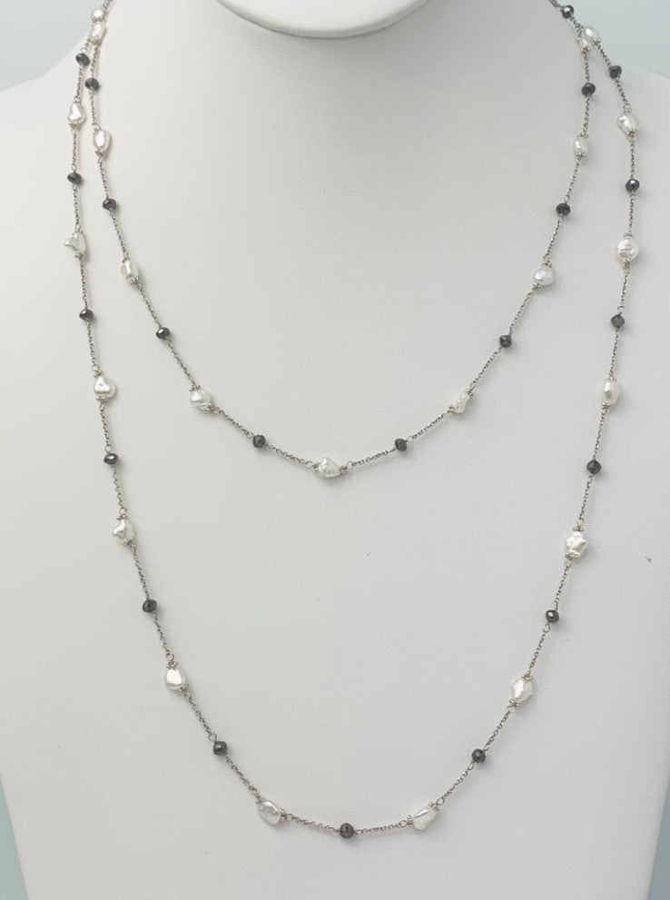 44" Black Diamond and Keshi Pearl Station Necklace in 14KW - NCK-114-TNCPRLDIA14W-WHBLK-44-02827 6ctw