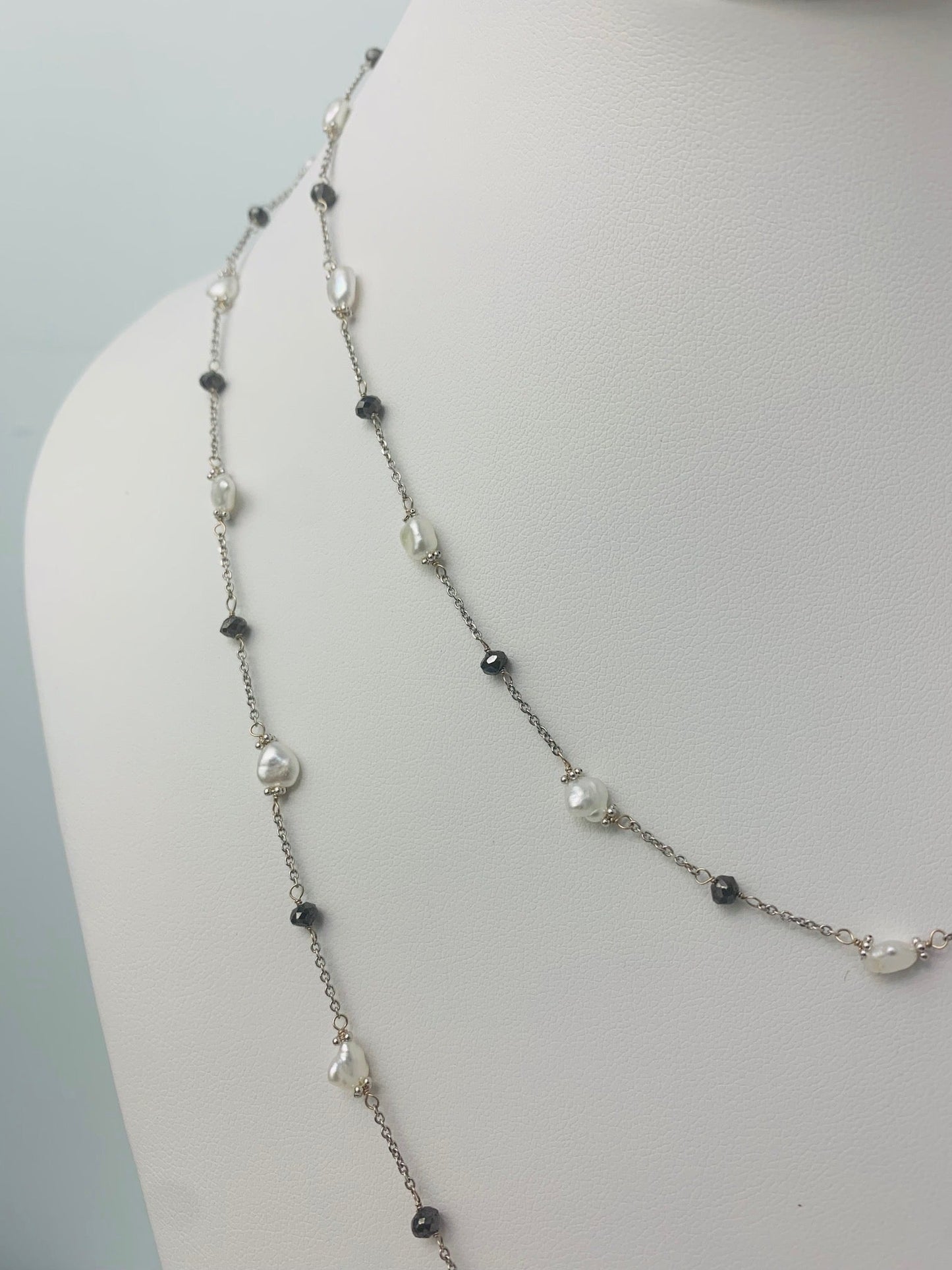 44" Black Diamond and Keshi Pearl Station Necklace in 14KW - NCK-114-TNCPRLDIA14W-WHBLK-44-02827 6ctw