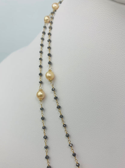 43" Gold Pearl and Black Diamond Rosary Necklace in 14KY - NCK-116-ROSPRLDIA14Y-YLBLK-44 12ctw
