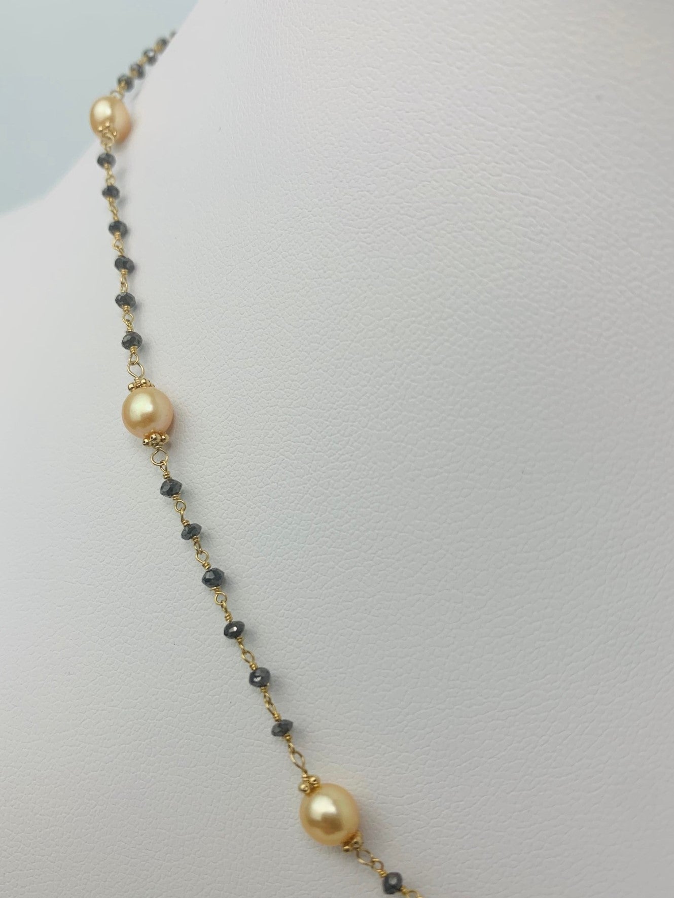 17"-18" Gold Pearl and Black Diamond Rosary Necklace in 14KY -  NCK-117-ROSPRLDIA14Y-YLBLK-18 5ctw