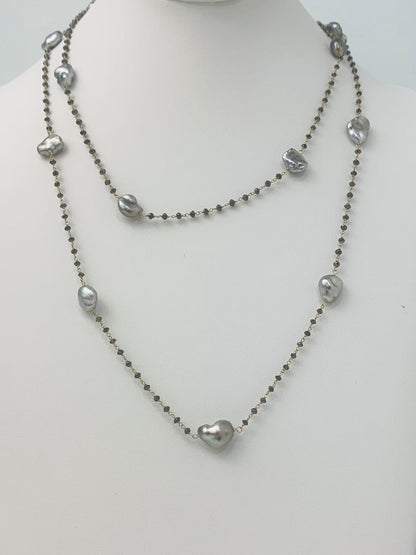 40" Grey Keshi and Black Diamond Rosary Necklace in 14KY - NCK-118-ROSPRLDIA14Y-GRYBLK-40-00286 14ctw