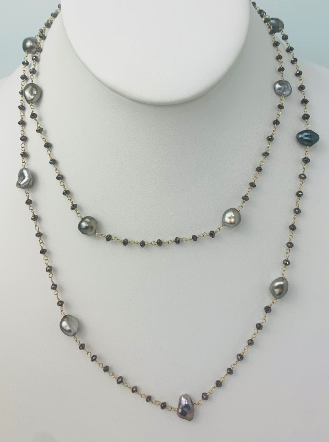 35" Grey Keshi and Black Diamond Rosary Necklace in 18KY - NCK-118-ROSPRLDIA18Y-GRYBLK-35-02883 15ctw