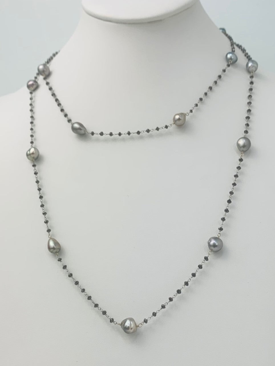 40" Grey Keshi and Black Diamond Rosary in 14KW - NCK-122-ROSPRLDIA14W-GRYBLK-40 10.92ctw