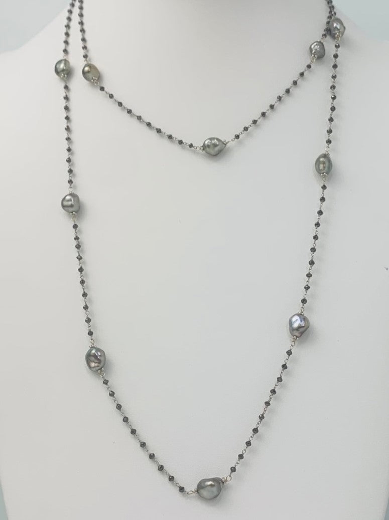 42" Grey Keshi and Black Diamond Rosary  in 14KW - NCK-126-ROSPRLDIA14W-GRYBLK-42 11.30ctw