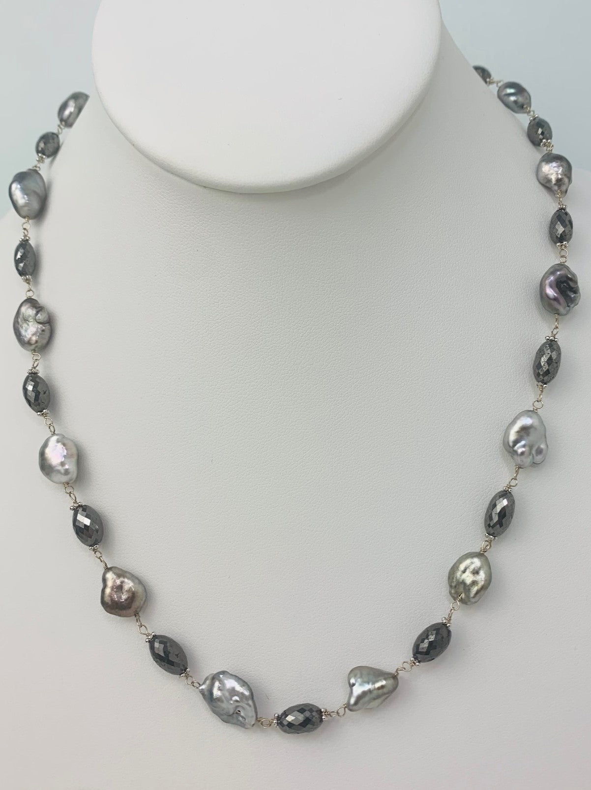 18.5" Grey Keshi Pearl and Oval Black Diamond Rosary Necklace in 14KW - NCK-135-ROSPRLDIA14W-GRYBLK-18.5 44.5ctw
