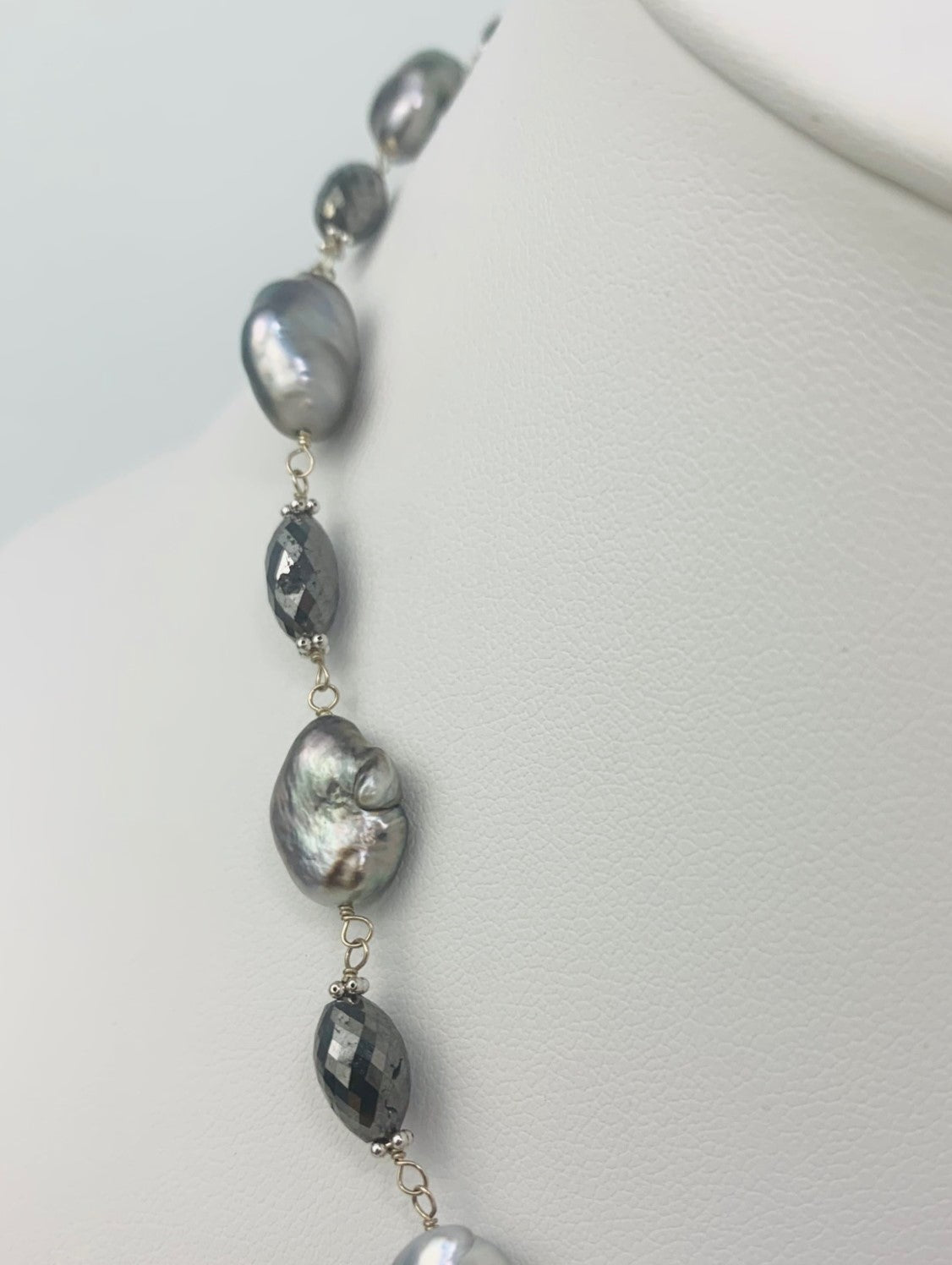 18.5" Grey Keshi Pearl and Oval Black Diamond Rosary Necklace in 14KW - NCK-135-ROSPRLDIA14W-GRYBLK-18.5 44.5ctw