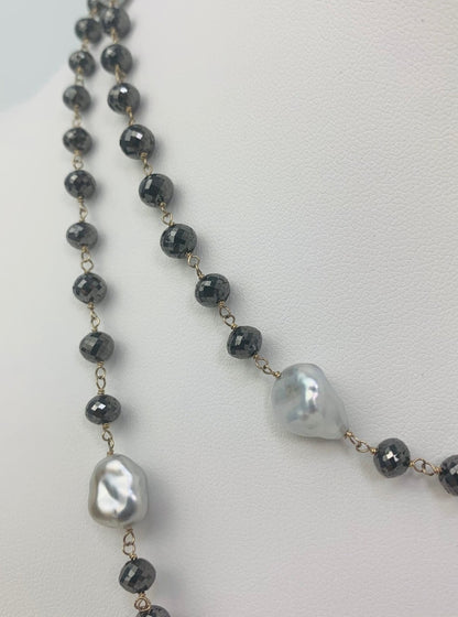 38" Black Diamond Rosary Necklace with Keshi Pearl Accents in 14KW - NCK-136-ROSPRLDIA14W-GRYBLK-39 100ctw