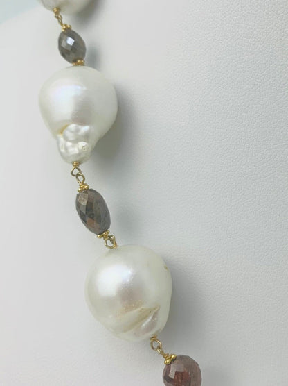 20" Freshwater Baroque Pearl and Brown Diamond Bead Rosary Necklace in 14KY - NCK-137-ROSPRLDIA14Y-WHBRN-20 26.8ctw