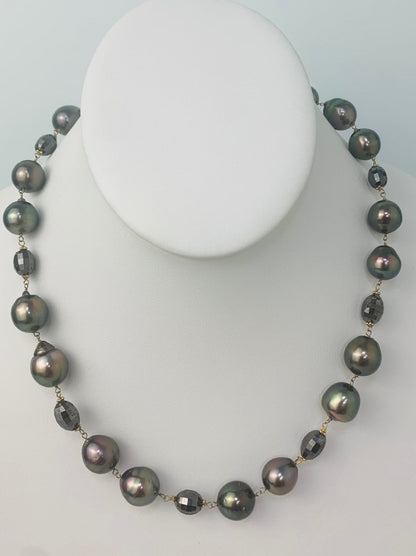 18" Black South Sea and Diamond Bead Rosary Necklace in 14KY - NCK-141-ROSPRLDIA14Y-BLK-18-02832 40ctw