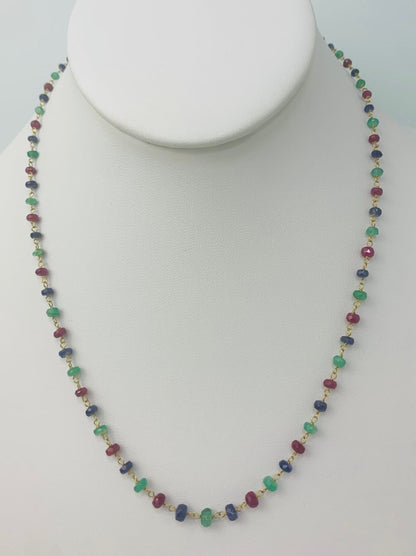 18" Ruby, Emerald, and Sapphire Rosary Necklace in 18KY - NCK-147-ROSGM18Y-RBYBSEM-18