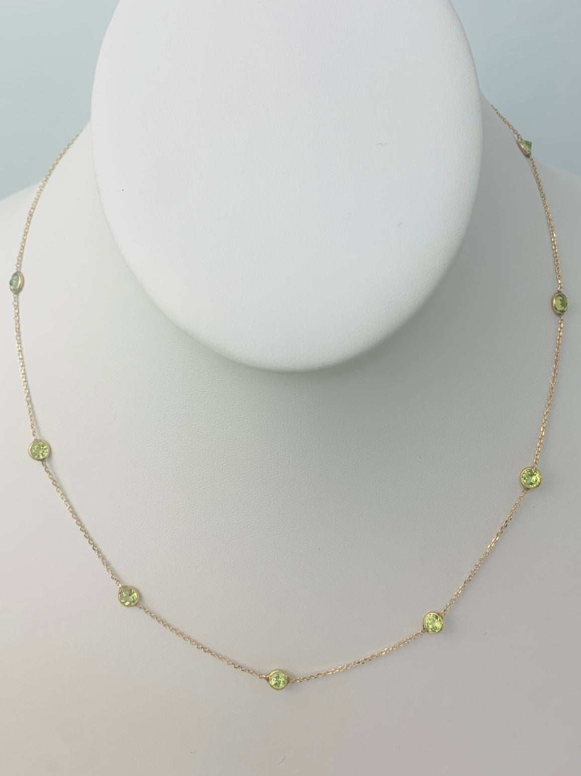 17"-18" 4mm 9 Station Round Peridot Bezel Necklace in 14KY - NCK-170-BZGM14Y-PDT-18-4