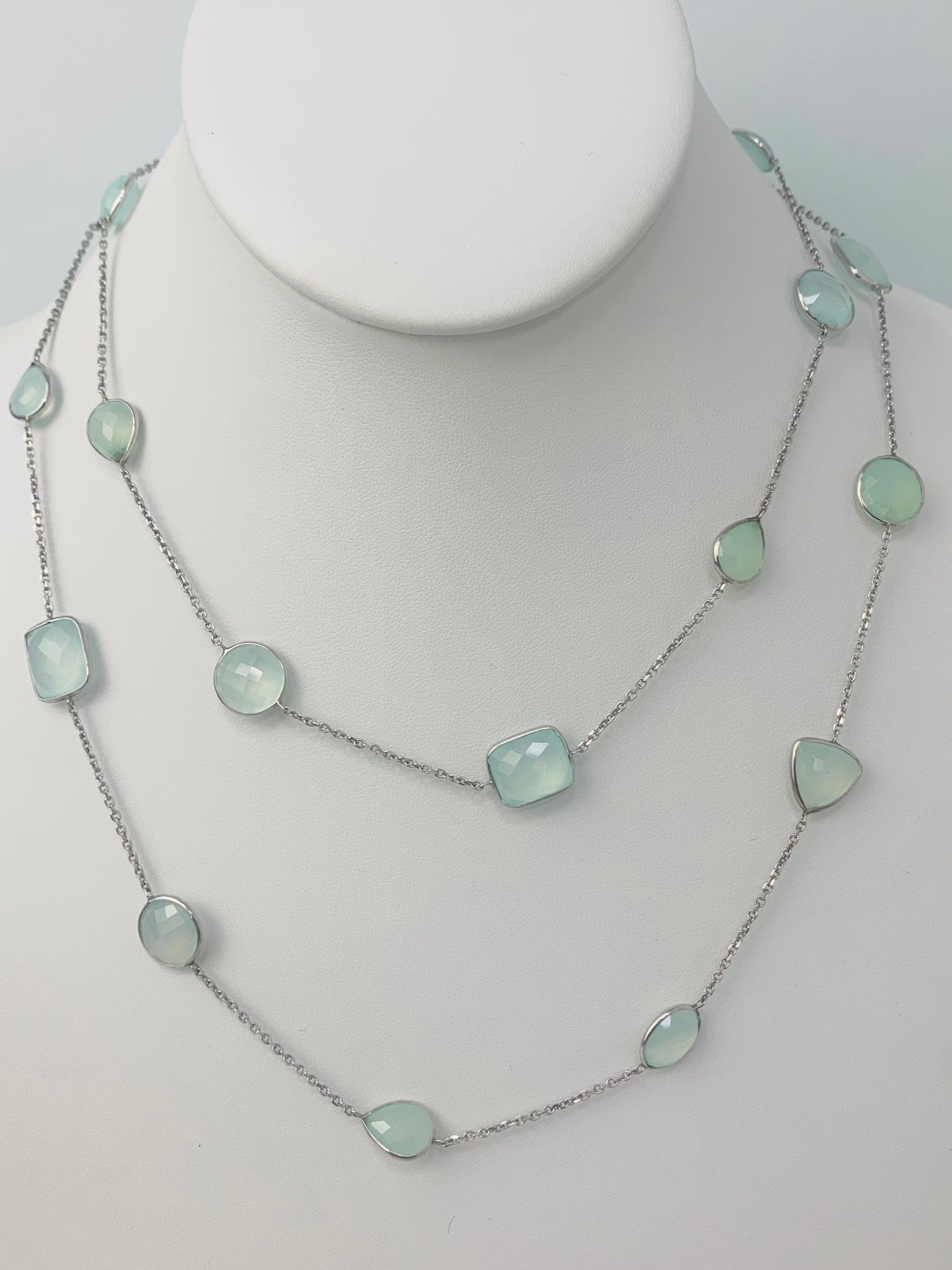 36" 20 Station Chalcedony Round, Pear, Trilliant, Oval and Rectangular Checkerboard Bezel Necklace in 14KW - NCK-172-BZGM14W-CAL-36