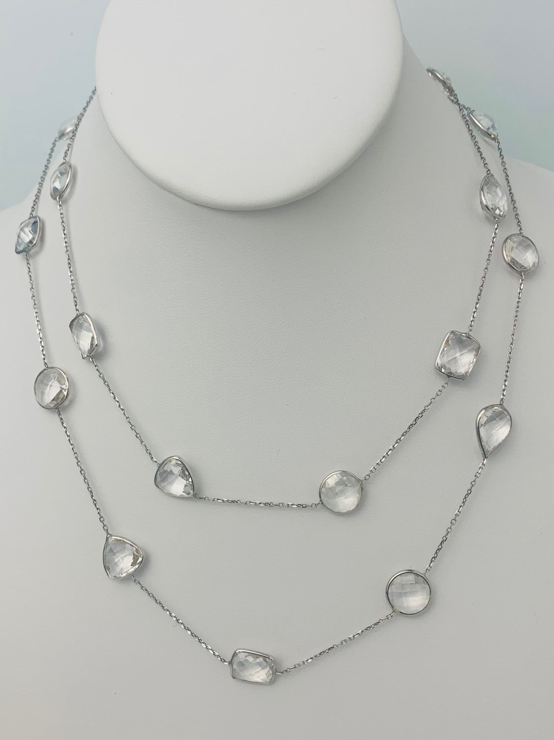 36" 20 Station Crystal Quartz Round, Pear, Trilliant, Oval and Rectangular Checkerboard Bezel Necklace in 14KW - NCK-173-BZGM14W-CRY-36