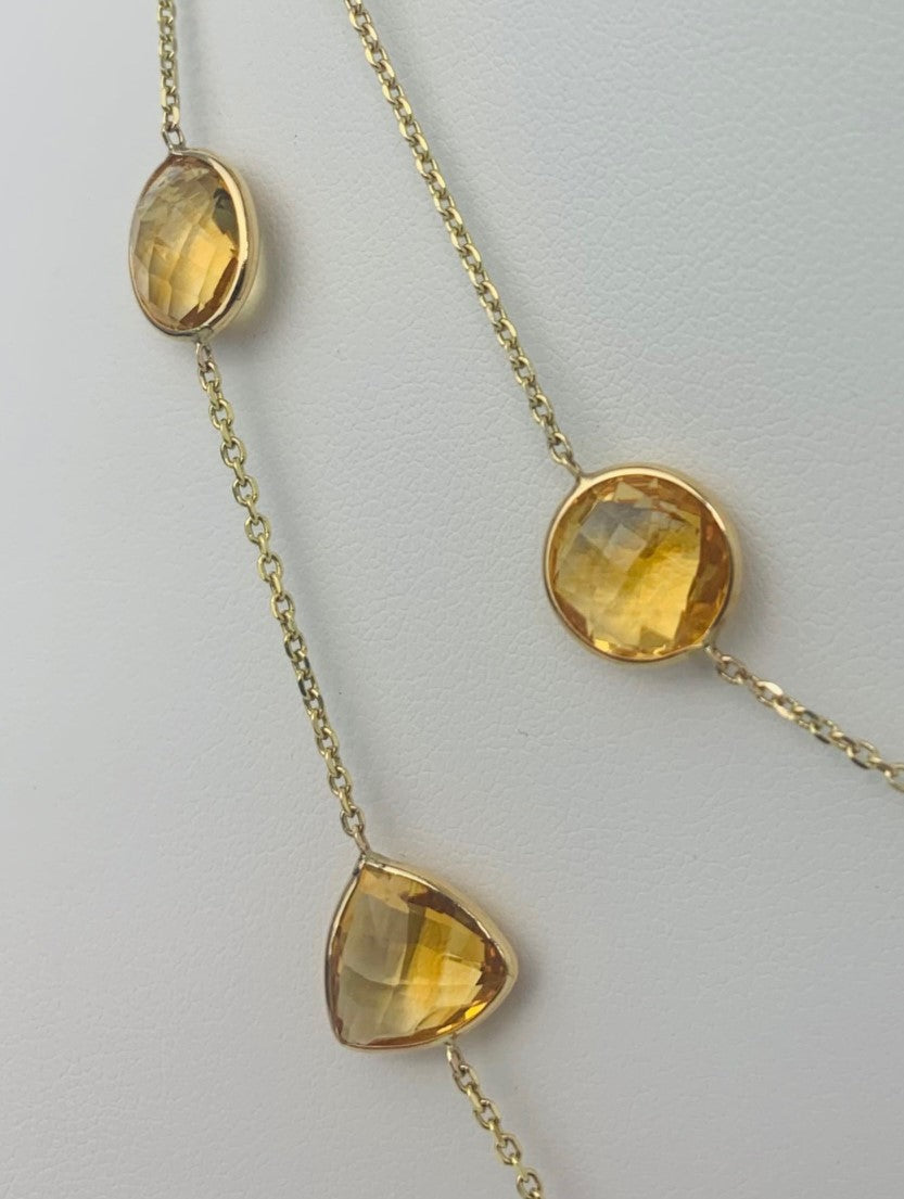 36" 20 Station Citrine Round, Pear, Trilliant, Oval and Rectangular Checkerboard Bezel Necklace in 14KY - NCK-177-BZGM14Y-CIT-36