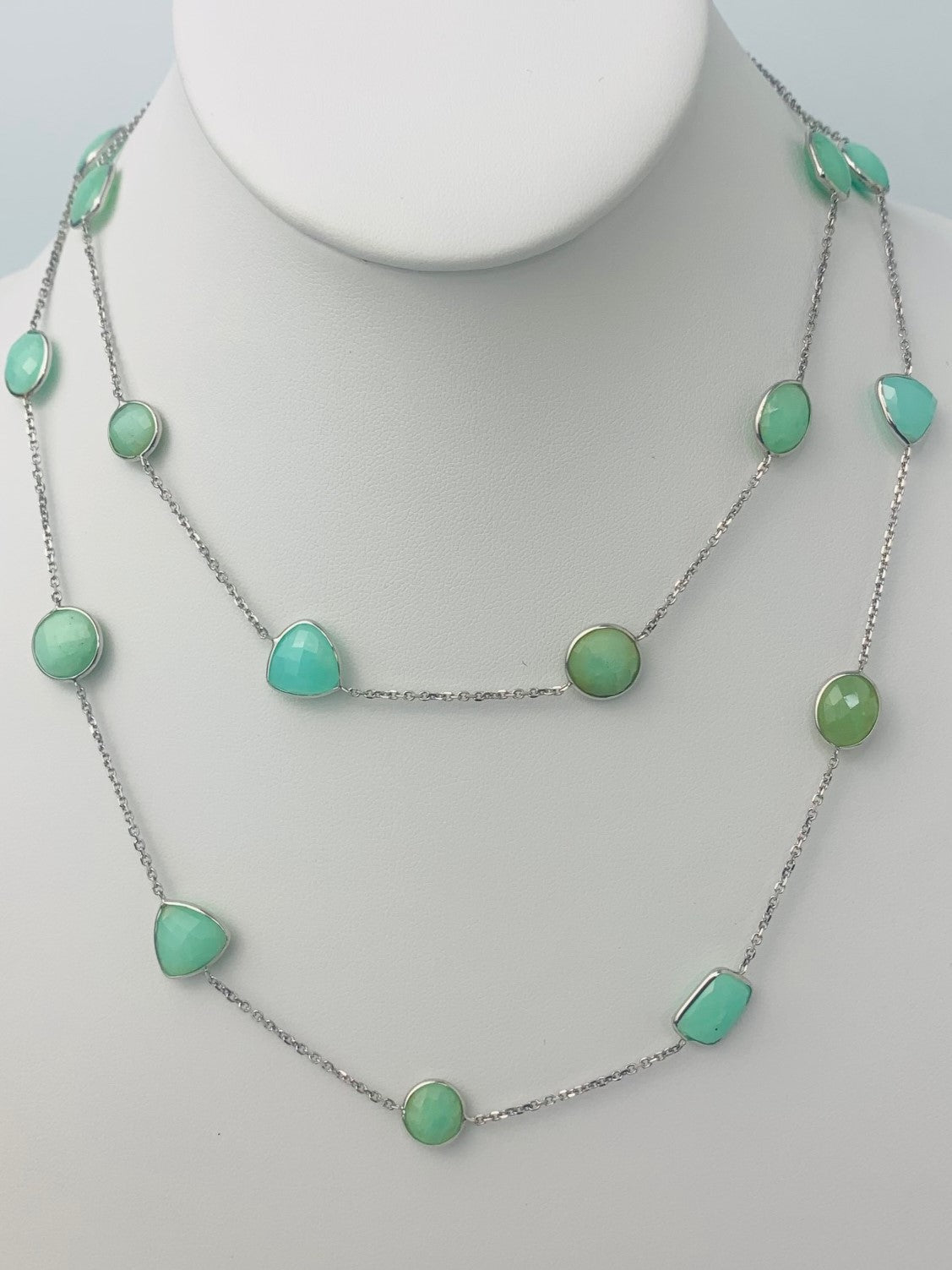 36" 20 Station Chrysoprase Round, Pear, Trilliant, Oval and Rectangular Checkerboard Bezel Necklace in 14KW - NCK-180-BZGM14W-CHR-36