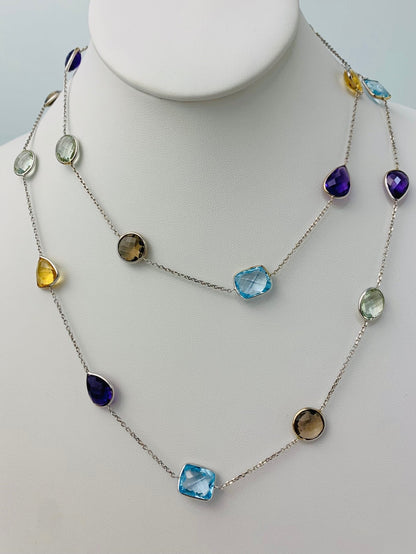 36" 20 Station Multicolored Round, Pear, Trilliant, Oval and Rectangular Checkerboard Bezel Necklace in 14KW - NCK-181-BZGM14W-MLTI-36A