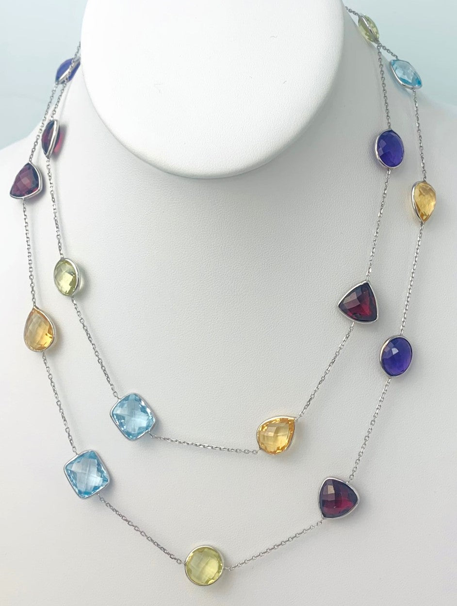 36" 20 Station Multicolored Round, Pear, Trilliant, Oval and Rectangular Checkerboard Bezel necklace in 14KW - NCK-181-BZGM14W-MLTI-36C-05727