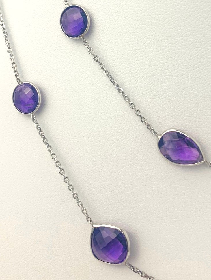 36" 20 Station Amethyst Round, Pear, Trilliant, Square Cushion and Oval Checkerboard Bezel Necklace in 14KW - NCK-185-BZGM14W-AM-36