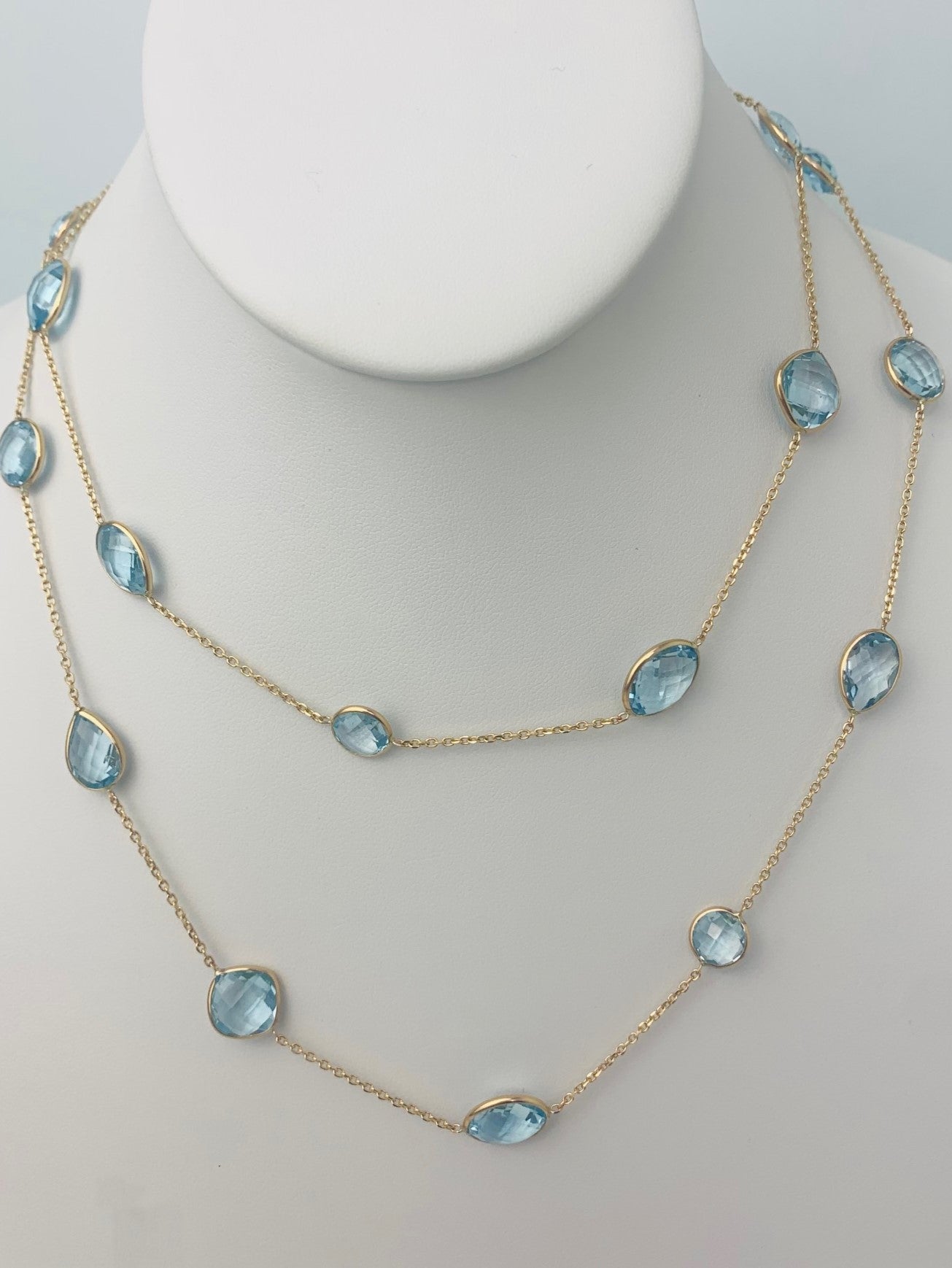 36" 20 Station Blue Topaz Round, Pear, Trilliant, Square Cushion and Oval Checkerboard Bezel Necklace in 14KY - NCK-186-BZGM14Y-BT-36
