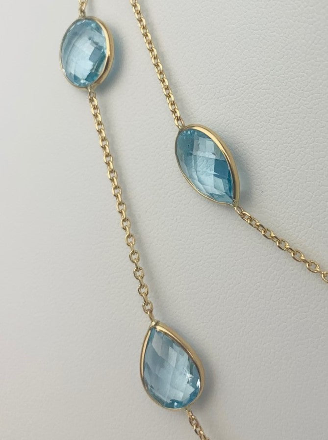 36" 20 Station Blue Topaz Round, Pear, Trilliant, Square Cushion and Oval Checkerboard Bezel Necklace in 14KY - NCK-186-BZGM14Y-BT-36