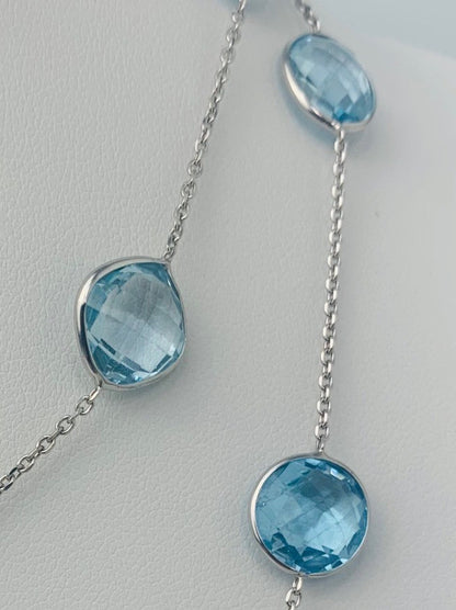 36" 20 Station Blue Topaz Round, Pear, Trilliant, Square Cushion and Oval Checkerboard Bezel necklace in 14KW NCK-186-BZGM14W-BT-36