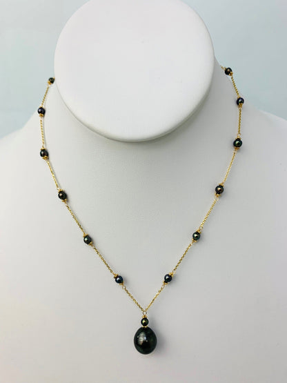 16"-17" Peacock Pearl Station Necklace with Drop Center in 14KY - NCK-189-TNCPRL14Y-BLK-17