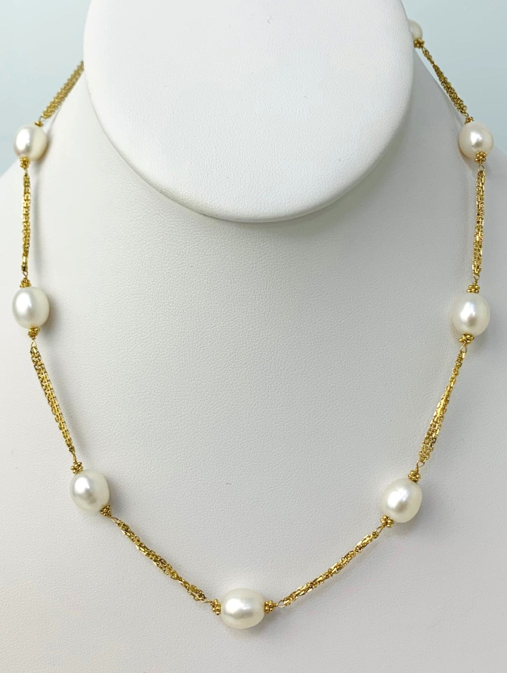 17" Triple Chain White Freshwater Pearl Station Necklace in 14KY - NCK-196-3TNCPRL14Y-WH-17