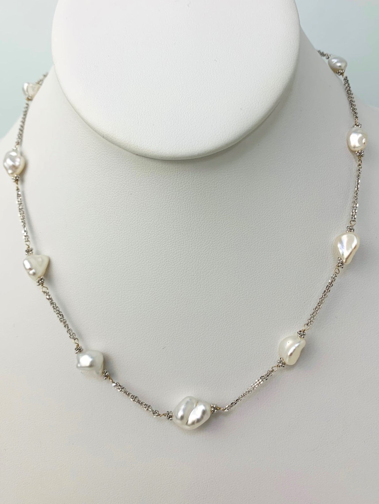 17" Double Chain White Keshi Pearl Station Necklace in 14KW - NCK-199-3TNCPRL14W-WH-17