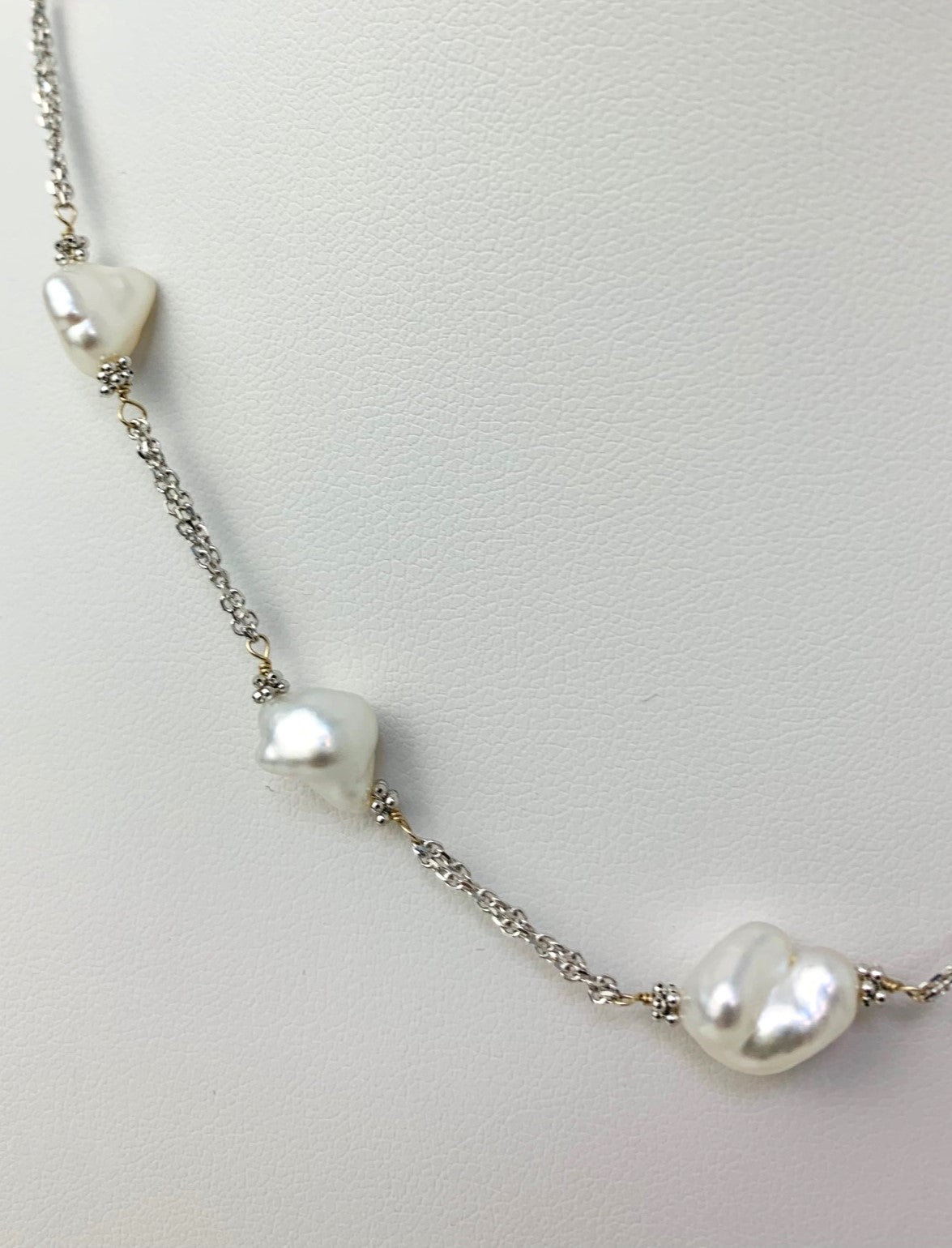 17" Double Chain White Keshi Pearl Station Necklace in 14KW - NCK-199-3TNCPRL14W-WH-17