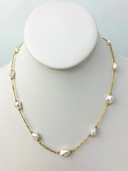 17" Double Chain White Keshi Pearl Station Necklace in 14KY - NCK-200-2TNCPRL14Y-WH-17